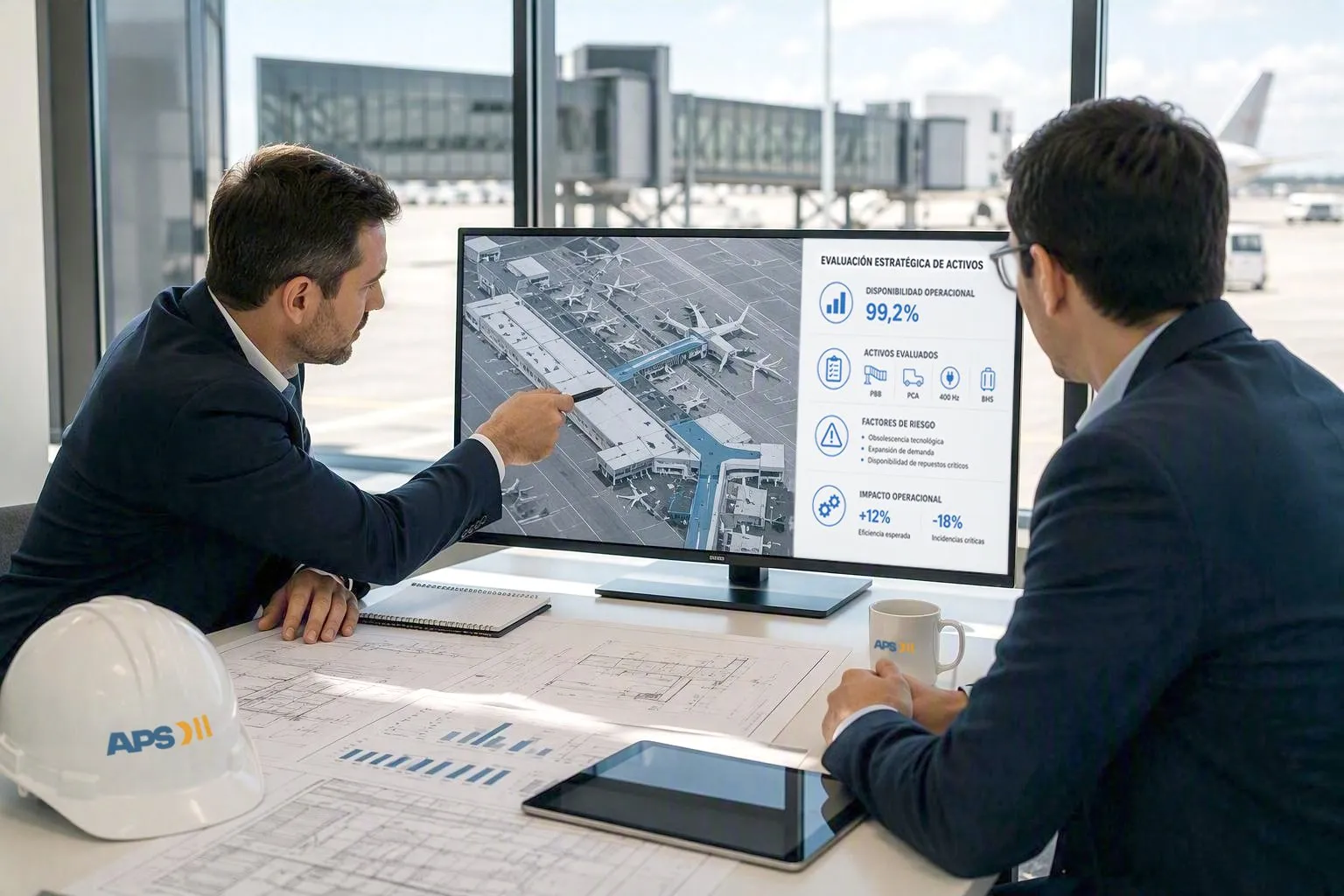 Two APS LATAM consultants analyzing airport operations data on screen