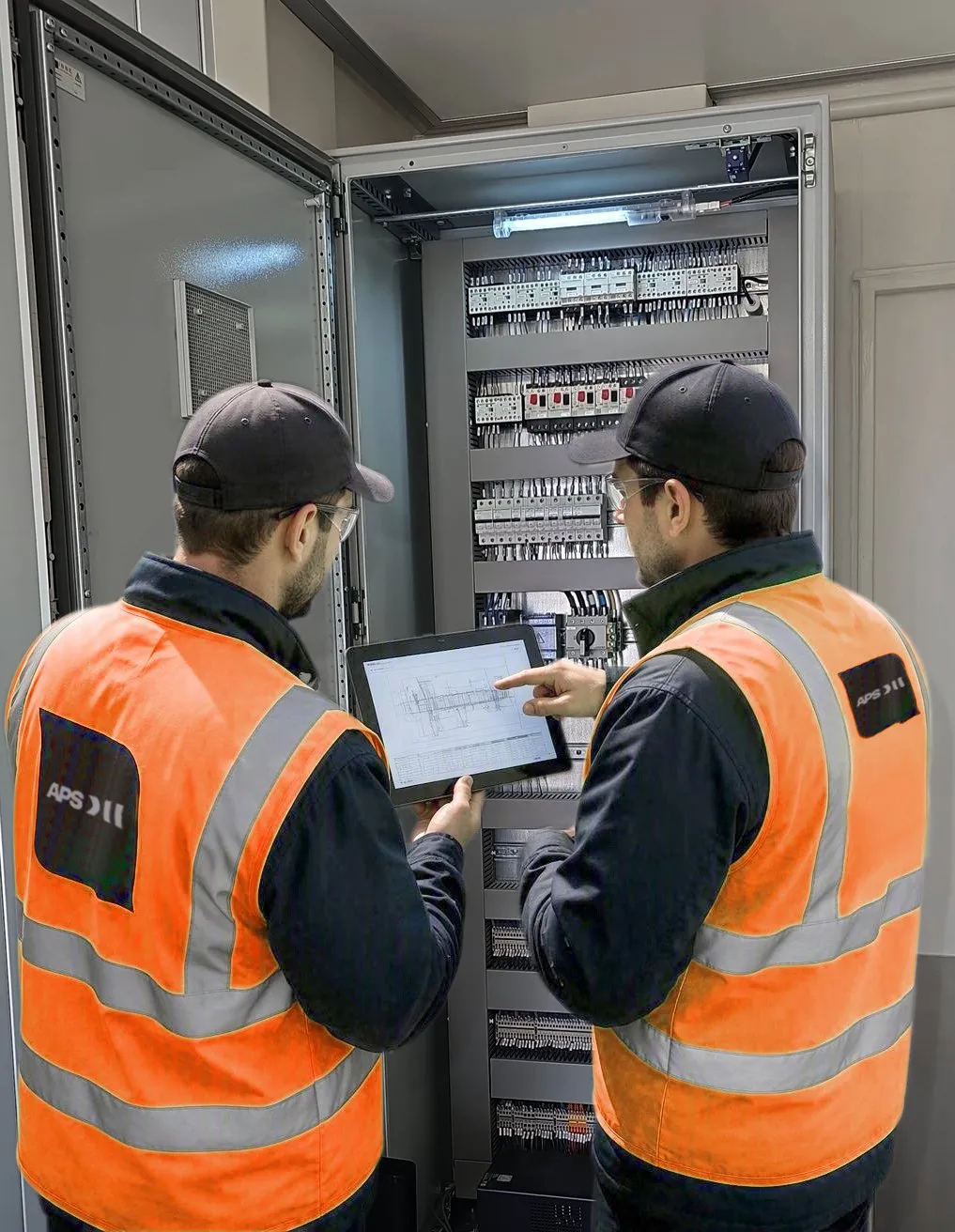 Two APS LATAM specialists checking a control panel with a tablet