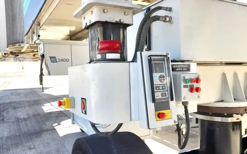 400 Hz ground power unit (GPU) mounted under a boarding bridge, with its control panel
