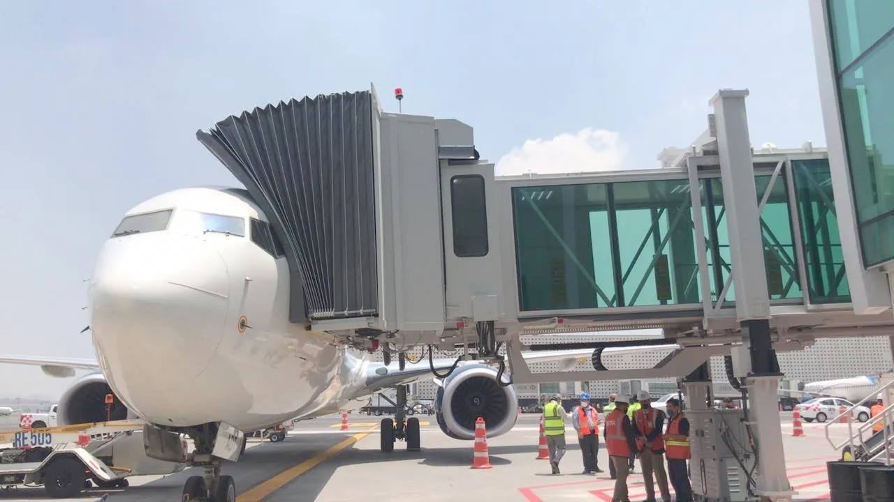 Boarding bridges on the apron of an airport in Mexico