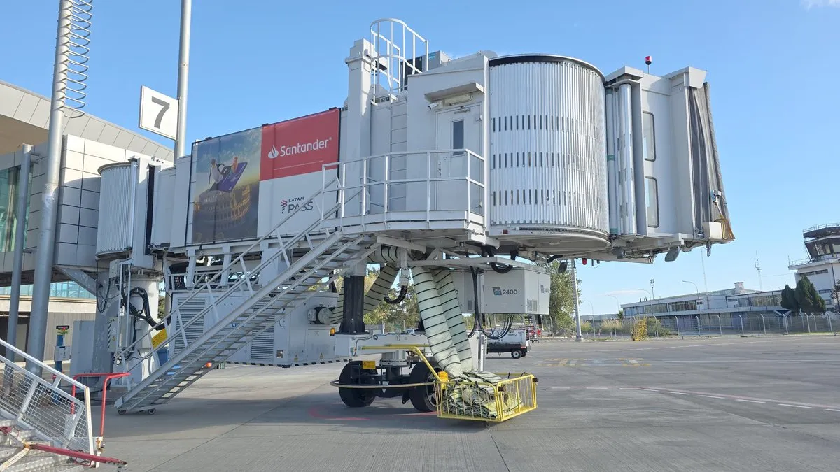 Passenger boarding bridge on the apron of an airport in Chile