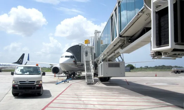 Boarding bridge docked to an aircraft at Tocumen International Airport, Panama