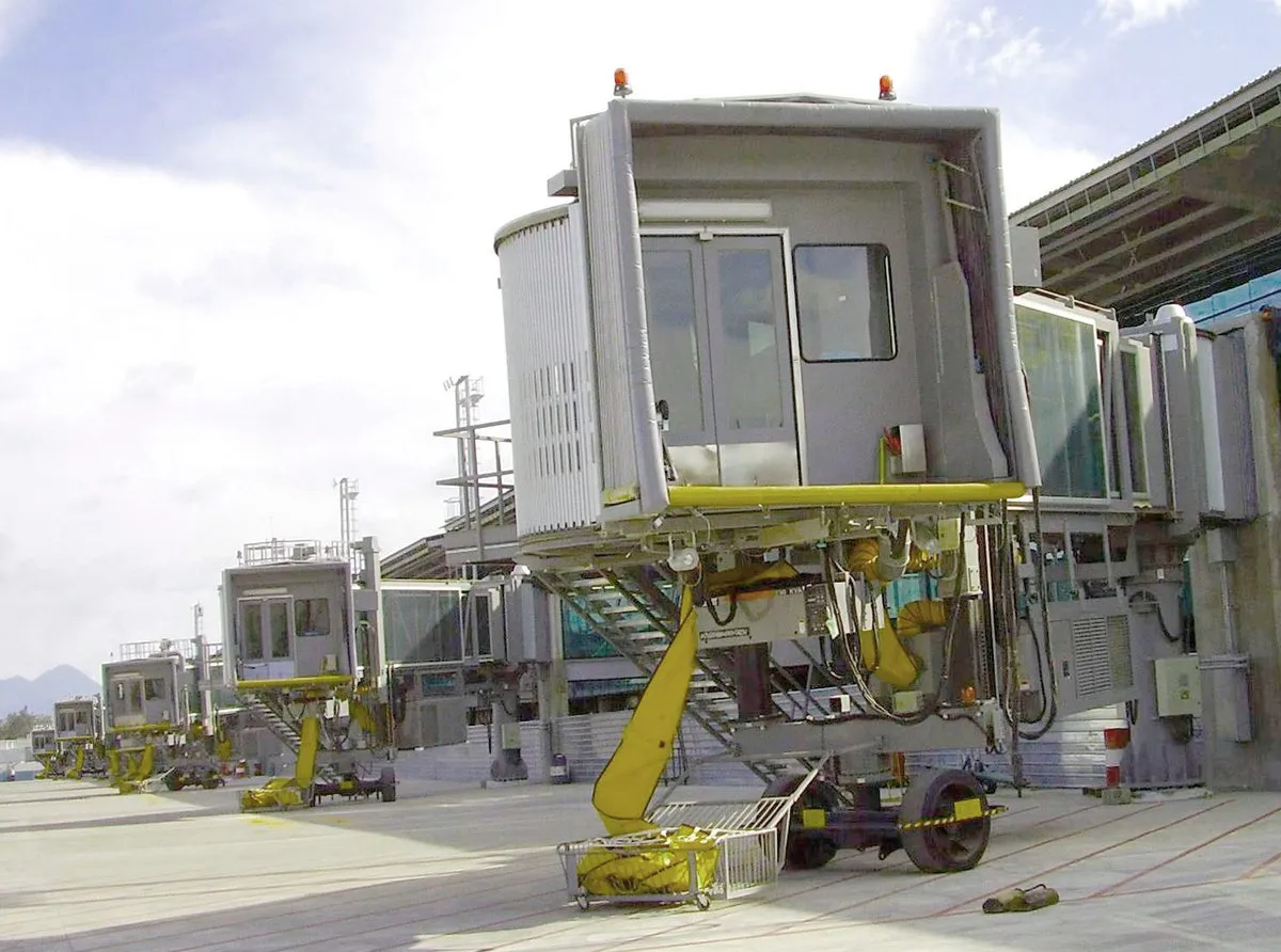 Boarding bridges on the apron of La Aurora International Airport, Guatemala