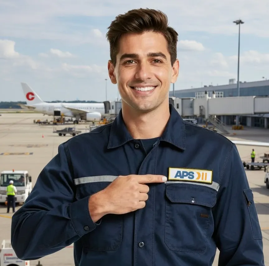 APS LATAM technician in uniform on an airport apron